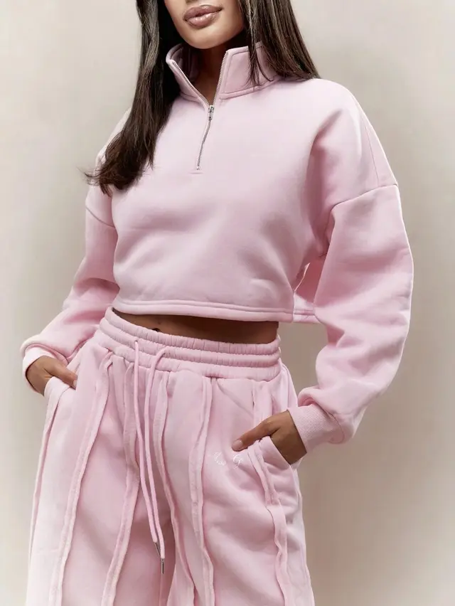 Women's Solid Color Casual Pullover Trousers Suit Pink - Shop at LoveMi