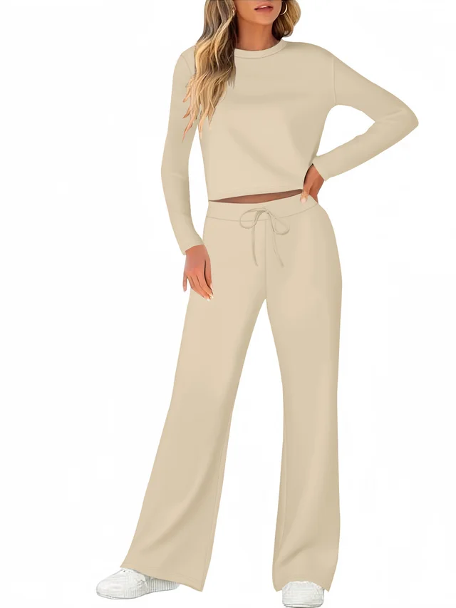 Solid Color T shirt Round Neck Long Sleeve Trousers Suit Apricot - Shop at LoveMi
