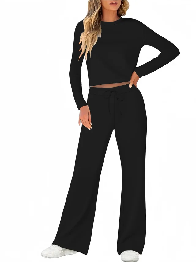 Solid Color T shirt Round Neck Long Sleeve Trousers Suit Black - Shop at LoveMi