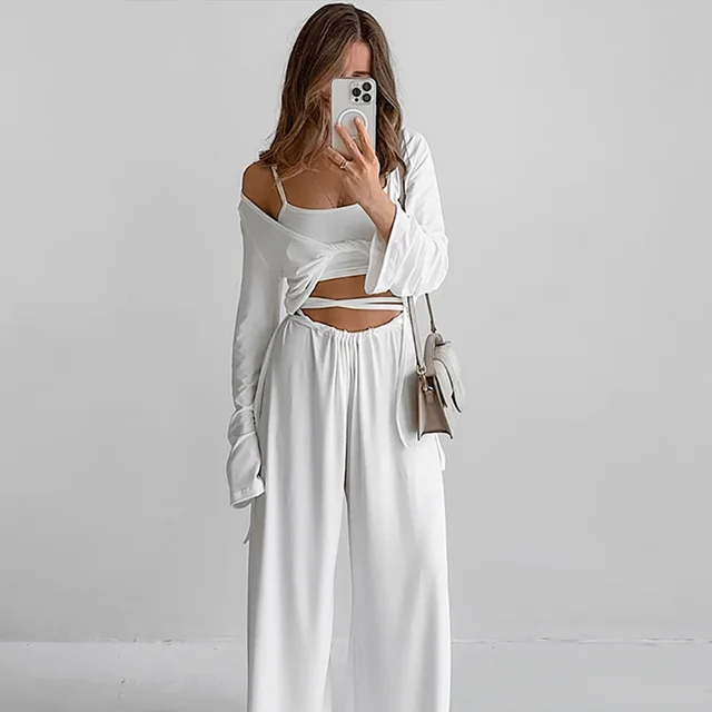 Women's Solid Color European And American Loose Pajamas Suit White - Shop at LoveMi