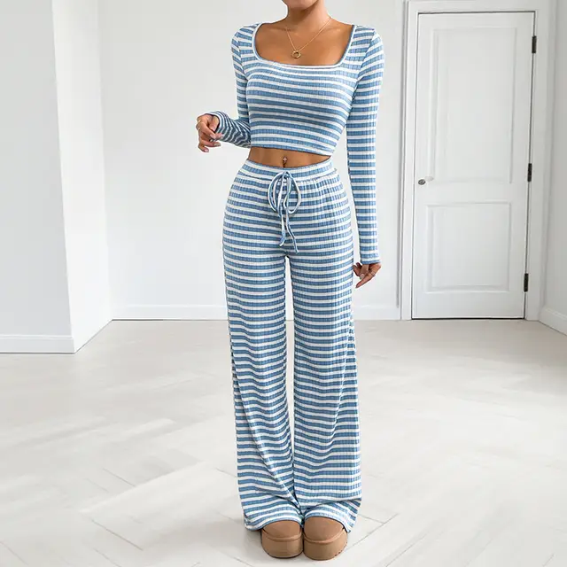 Short Home Casual Two piece Suit Women's Sports Striped Slim Fit Suit Blue - Shop at LoveMi
