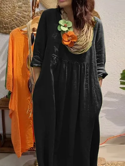 Women's Casual Solid Color Cotton And Linen Pocket Dress Black - Shop at LoveMi