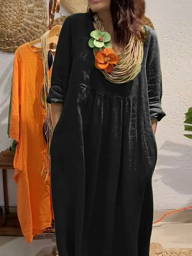 Women's Casual Solid Color Cotton And Linen Pocket Dress Black - Shop at LoveMi