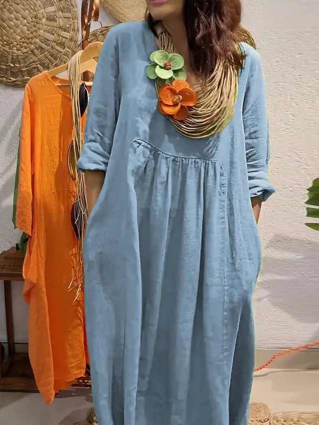 Women's Casual Solid Color Cotton And Linen Pocket Dress Sky Blue - Shop at LoveMi