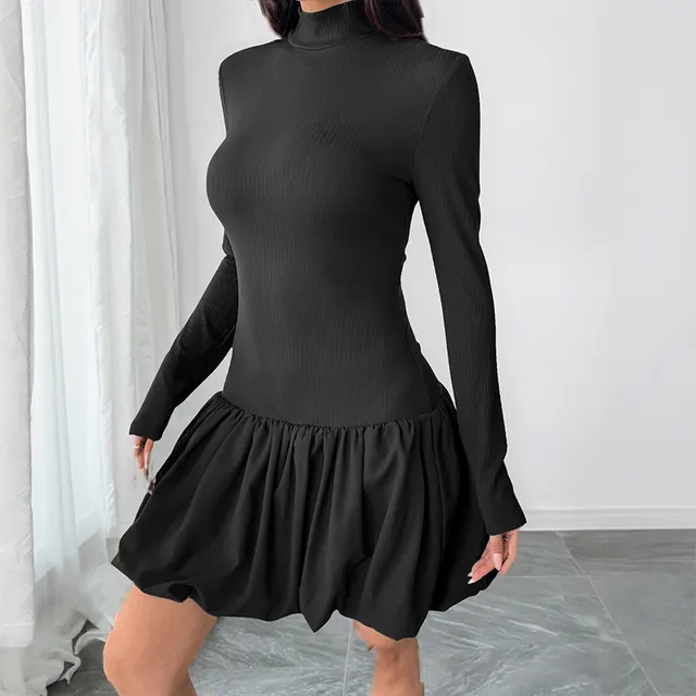 Simple Elegant Basic Turtleneck Long Sleeve Solid Color Dress Black - Shop at LoveMi