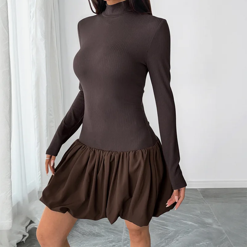 Simple Elegant Basic Turtleneck Long Sleeve Solid Color Dress Brown - Shop at LoveMi