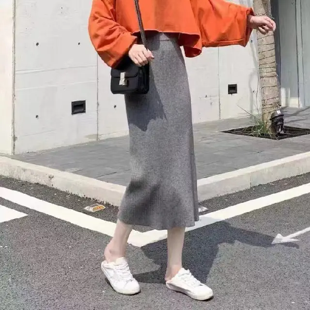 High Waist Straight Skirt All matching Long Slimming Sweater Dress Gray - Shop at LoveMi