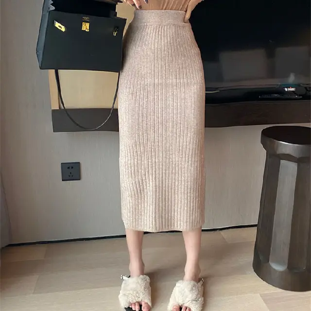High Waist Straight Skirt All matching Long Slimming Sweater Dress Khaki - Shop at LoveMi