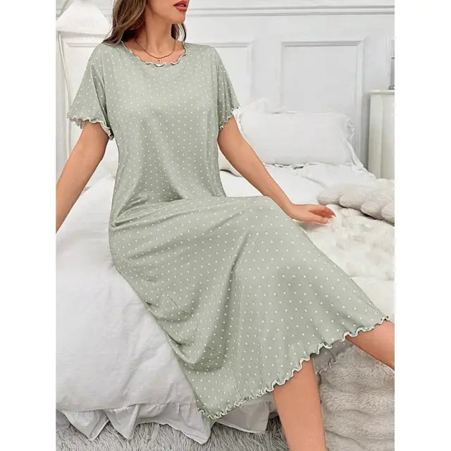 Polka Dot Short Sleeve Home Nightdress Stringy Selvedge Dress Comfortable And Elegant Green - Shop at LoveMi