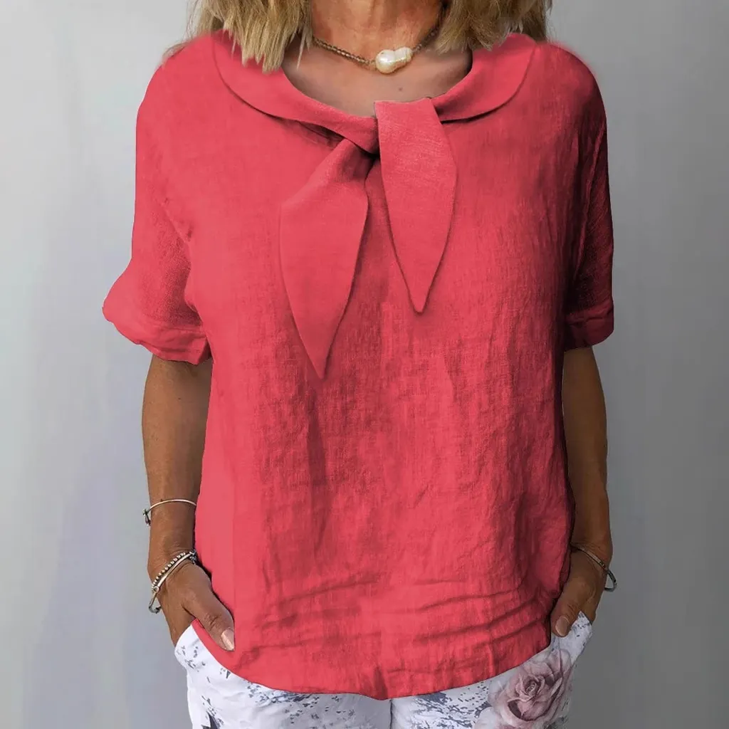 Women's Cotton And Linen Solid Color Outerwear Top - Rose Red