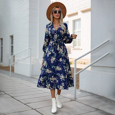 Autumn New European And American Women's Clothing Cross border Long Sleeve Flower Print Dress Blue - Shop at LoveMi
