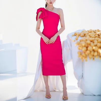 Elegant Solid Color And V neck Slant Shoulder Split Dress 25023 Rose Red - Shop at LoveMi