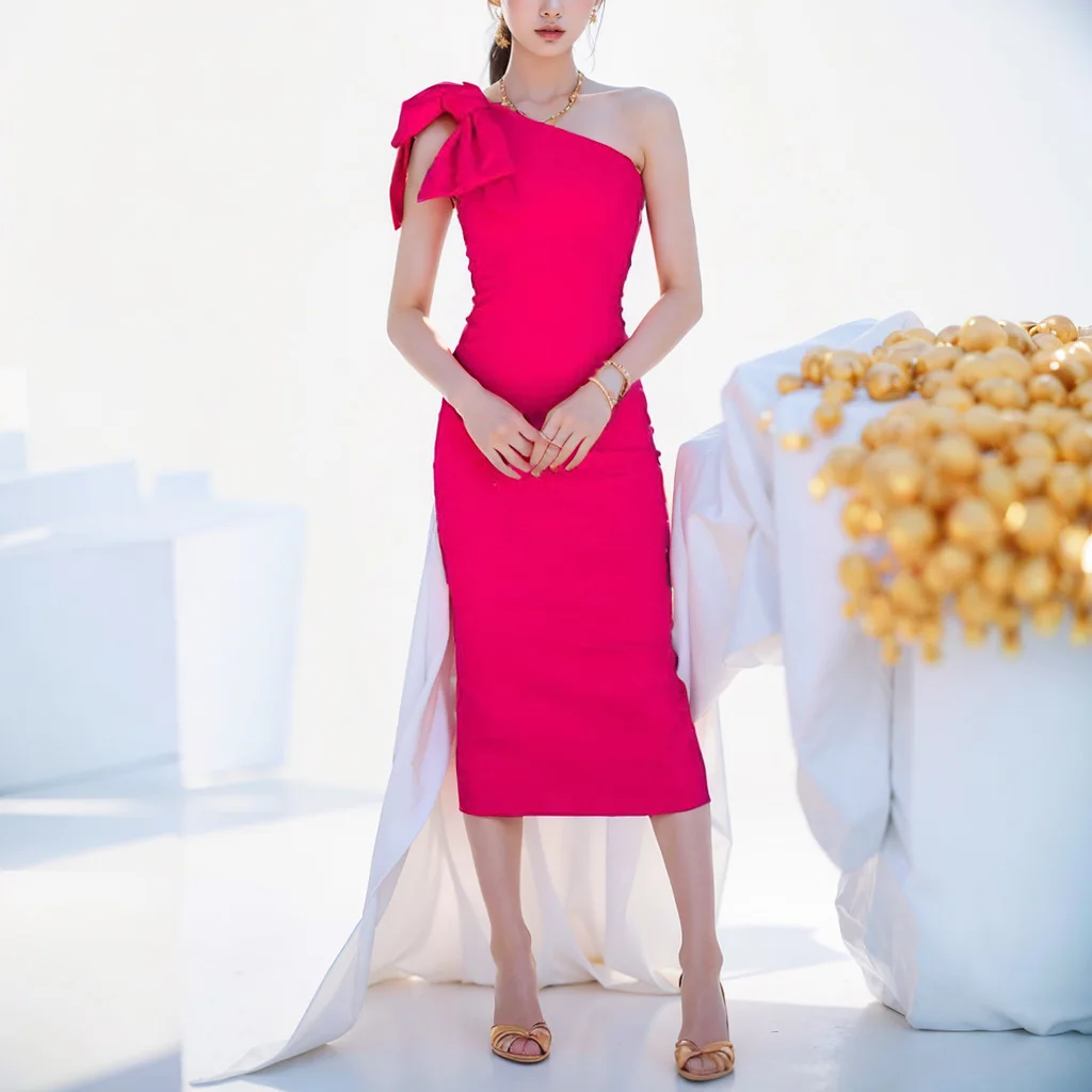 Elegant Solid Color And V-neck Slant Shoulder Split Dress - 25023 Rose Red