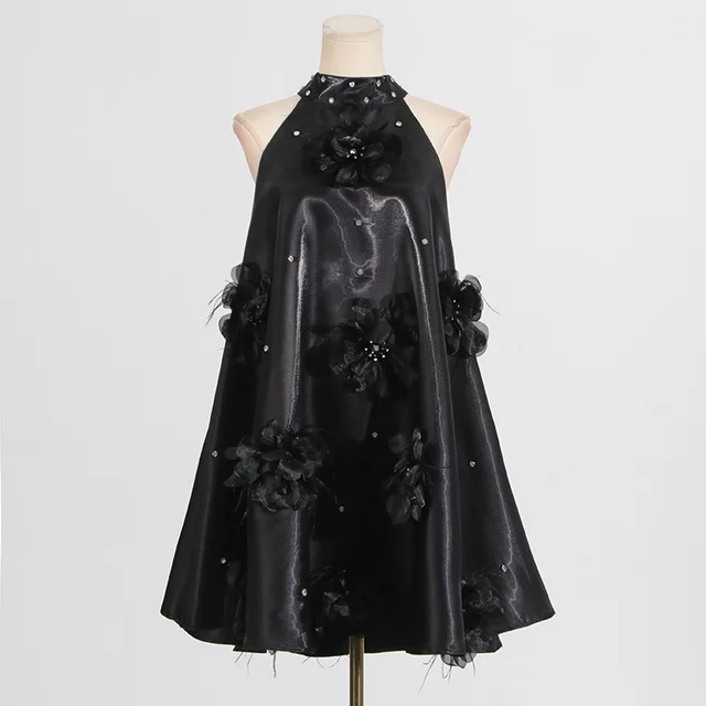 Rhinestone Design Flower Stitching Mini Dress Black - Shop at LoveMi