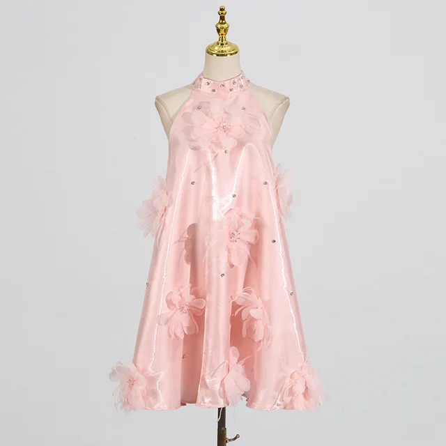 Rhinestone Design Flower Stitching Mini Dress Pink - Shop at LoveMi
