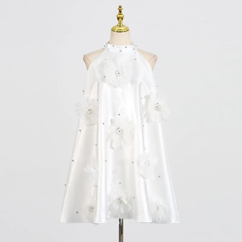 Rhinestone Design Flower Stitching Mini Dress - White - View 1