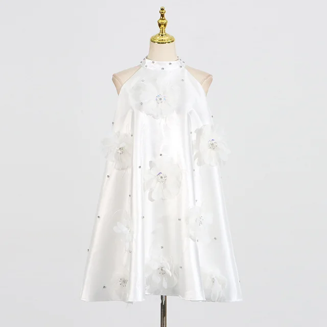 Rhinestone Design Flower Stitching Mini Dress White - Shop at LoveMi
