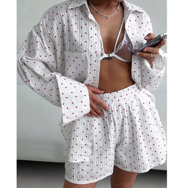 Women's Fashion Pure Cotton Long Sleeved Cardigan Pajama Set Printing - Shop at LoveMi
