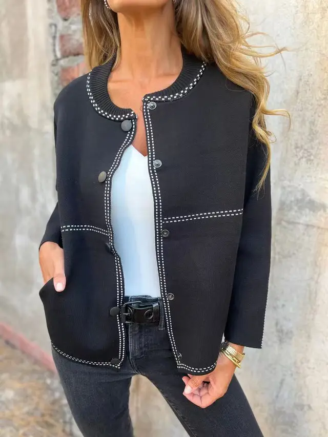 Ins Black striped Button Cardigan Fashion Sweater Loose Round Neck Long Sleeve Cropped Tops Women's Clothing Black - Shop at LoveMi
