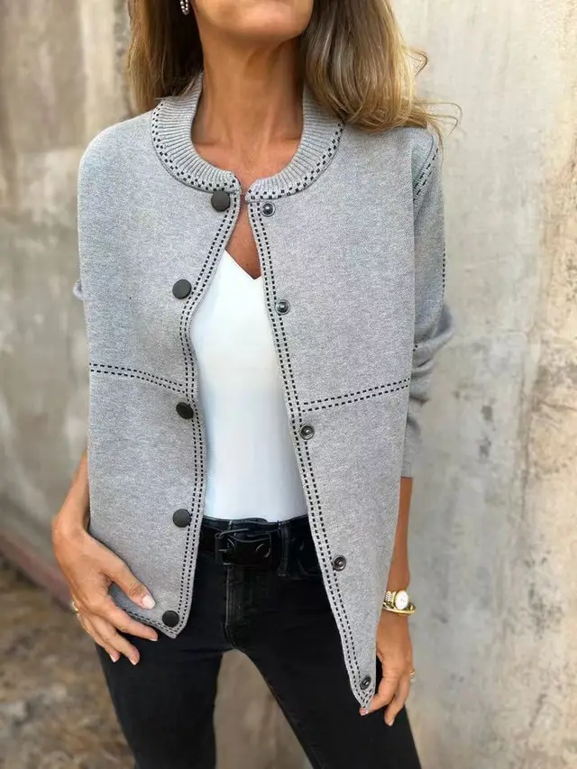 Ins Black striped Button Cardigan Fashion Sweater Loose Round Neck Long Sleeve Cropped Tops Women's Clothing Gray - Shop at LoveMi
