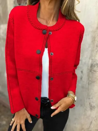 Ins Black striped Button Cardigan Fashion Sweater Loose Round Neck Long Sleeve Cropped Tops Women's Clothing Red - Shop at LoveMi