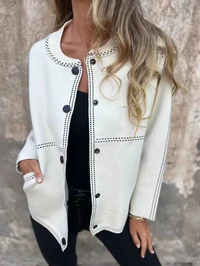Ins Black striped Button Cardigan Fashion Sweater Loose Round Neck Long Sleeve Cropped Tops Women's Clothing White - Shop at LoveMi