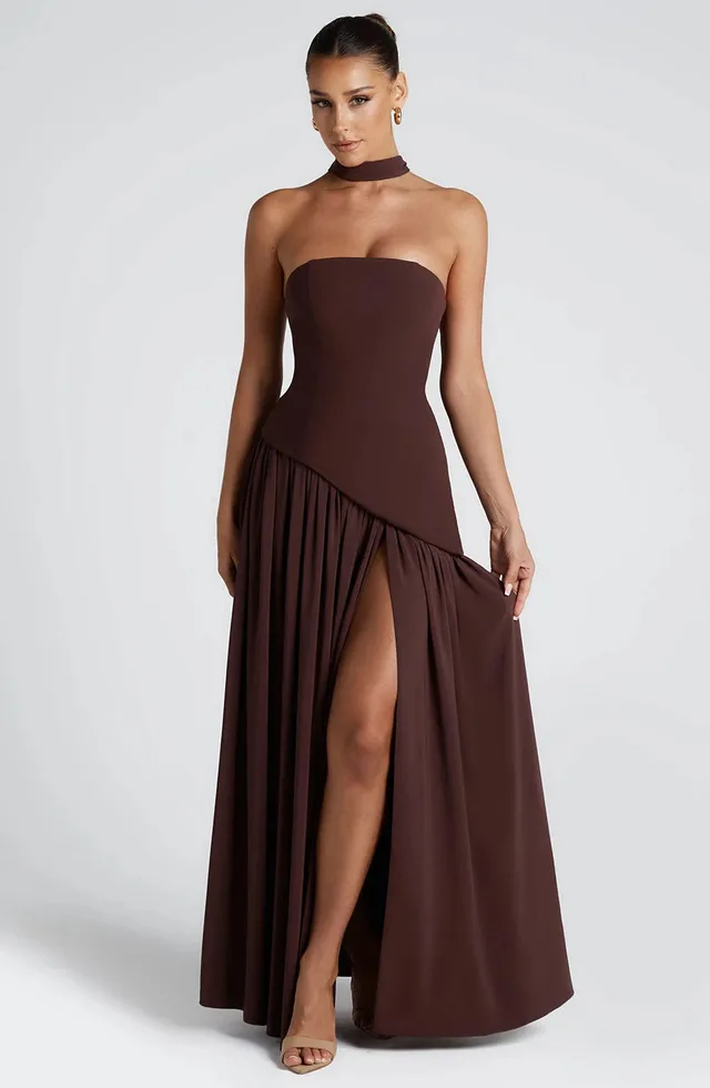 Fashion Sexy Backless Tube Top Pure Color Split Dress Dark Brown - Shop at LoveMi