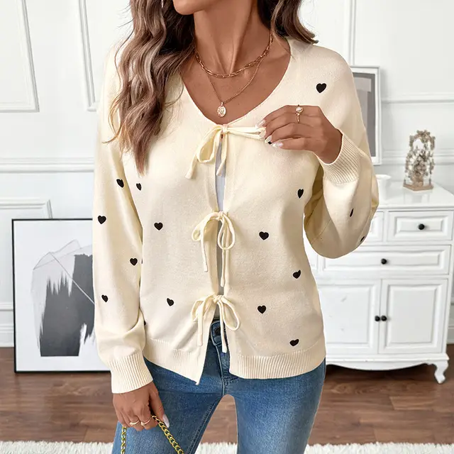 Sweet Cute Style Love Pattern V neck Lace up Cardigan Sweater Coat Apricot - Shop at LoveMi