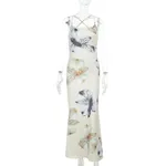 Printed Backless Holiday Suspenders Dress Women's Clothing - Apricot