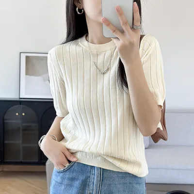 Round Neck Cotton Knitted Short Sleeve Vertical Stripe Elegant Top Beige - Shop at LoveMi