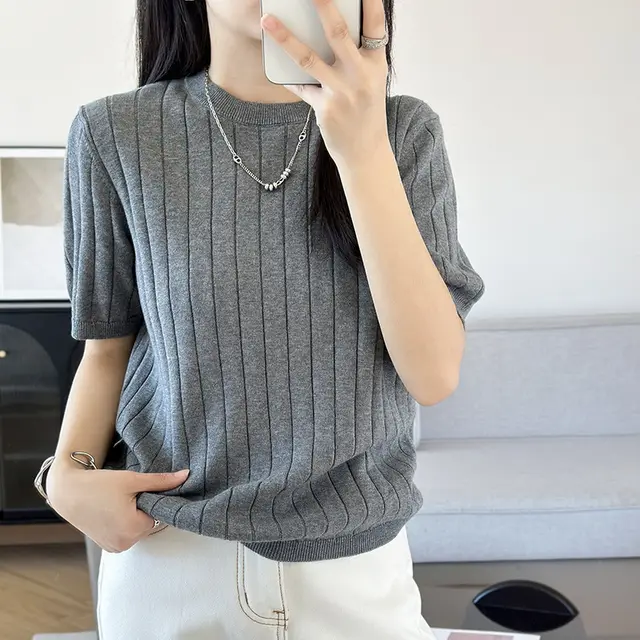 Round Neck Cotton Knitted Short Sleeve Vertical Stripe Elegant Top Gray - Shop at LoveMi