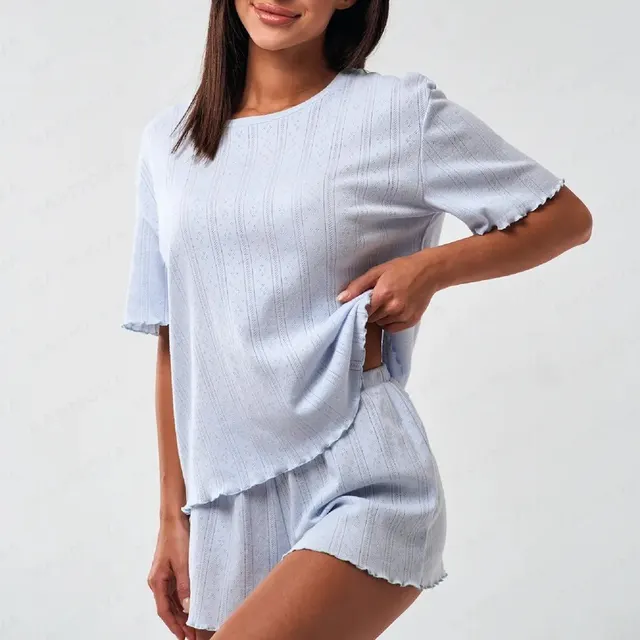 Pajamas Women's Summer Cotton containing Comfortable Curling Half sleeve Shorts Home Wear Suit Light Blue - Shop at LoveMi