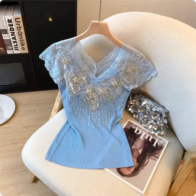 Exquisite Rhinestone Lace V neck Knitted Women's Flounced Sleeve Top Blue - Shop at LoveMi