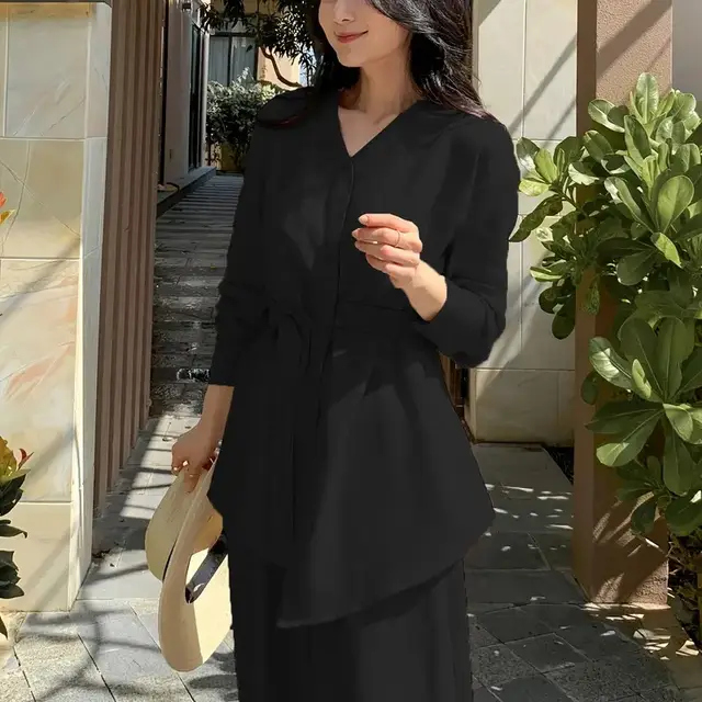 Women's Elegant Asymmetric Top And Wide Leg Pants Two piece Set Black - Shop at LoveMi
