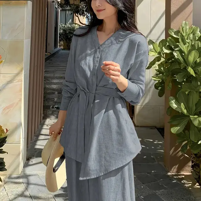 Women's Elegant Asymmetric Top And Wide Leg Pants Two piece Set Blue Grey - Shop at LoveMi
