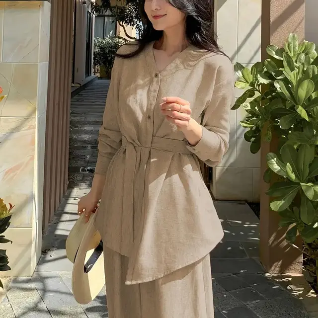 Women's Elegant Asymmetric Top And Wide Leg Pants Two piece Set Khaki - Shop at LoveMi