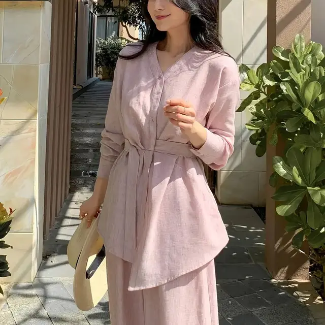 Women's Elegant Asymmetric Top And Wide Leg Pants Two piece Set Pink - Shop at LoveMi