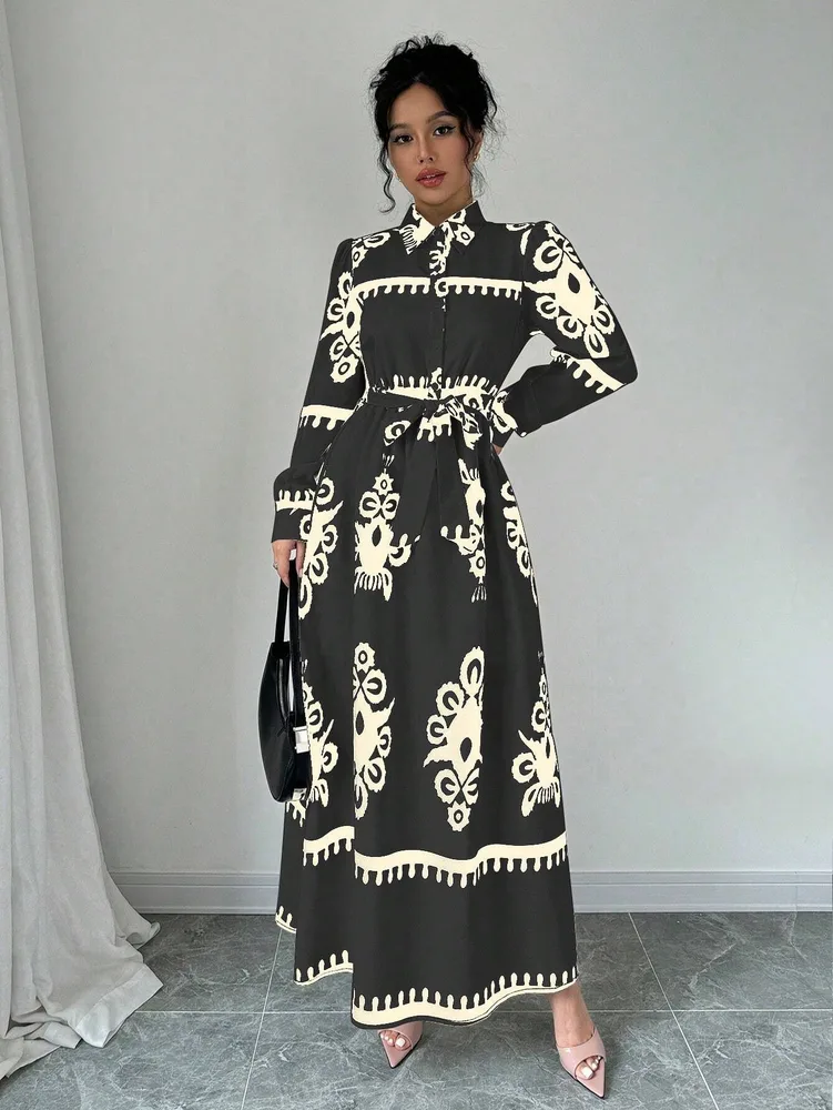 Printed Lace Up European And American Elegant Dress Black - Shop at LoveMi