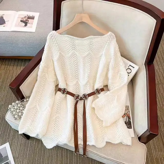 Mid length Loose Outer Wear Off the shoulder Soft Glutinous Sweater White - Shop at LoveMi
