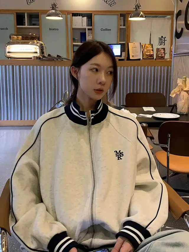 Contrast Color Striped Stand Collar Loose Preppy Style Leisure Sports Sweater Coat Light Gray - Shop at LoveMi