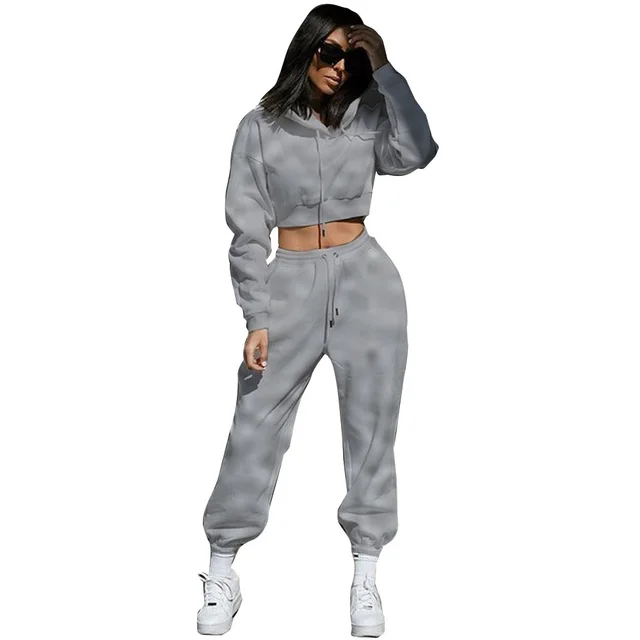 Hooded Long Sleeve Women's Sports And Leisure Two piece Set Gray - Shop at LoveMi