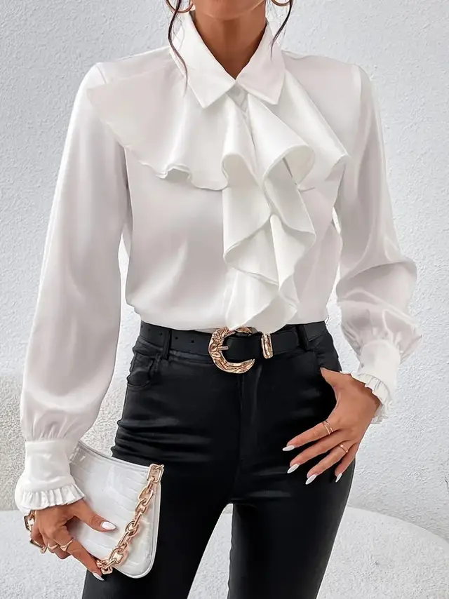 Design Ruffled Laminated Decoration Shirt White - Shop at LoveMi
