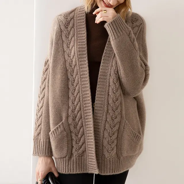V neck Temperament Knitted Loose Twist Mid length Sweater Oatmeal Color - Shop at LoveMi