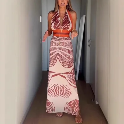 European And American Printing Lace up Backless Dress Orange - Shop at LoveMi