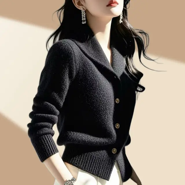 High end Fashion Simple Commute Long sleeved Button Cardigan Elegant Top Black - Shop at LoveMi
