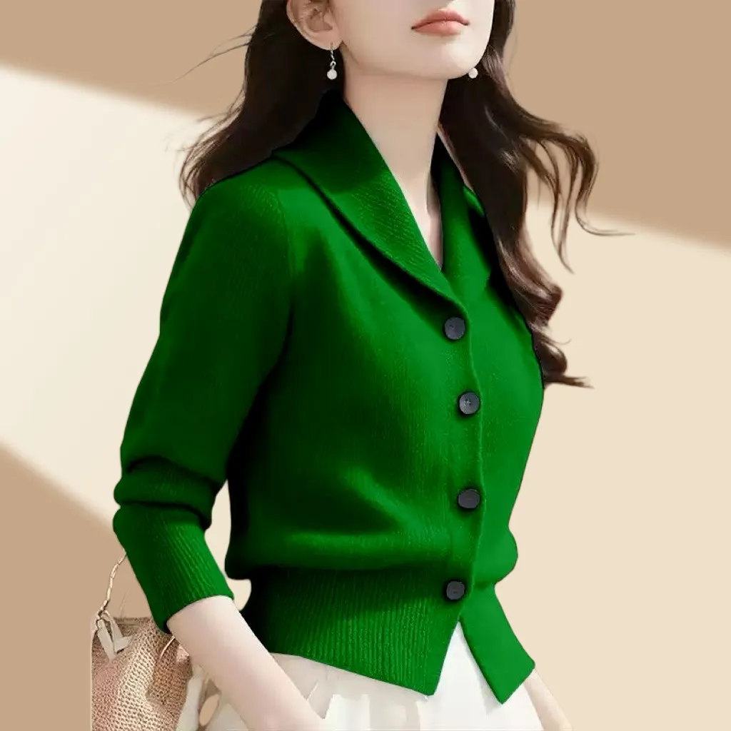 High-end Fashion Simple Commute Long-sleeved Button Cardigan Elegant Top - Green