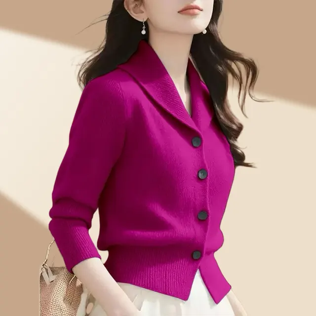 High end Fashion Simple Commute Long sleeved Button Cardigan Elegant Top Rose Red - Shop at LoveMi