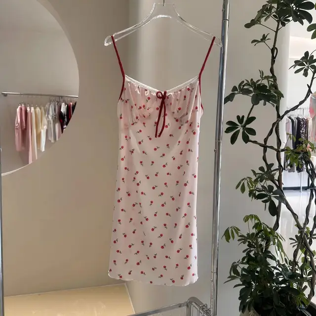 Flower Love Sea Pure Desire Floral Cherry Spaghetti strap Floral Print Pajamas Red Small Flower - Shop at LoveMi