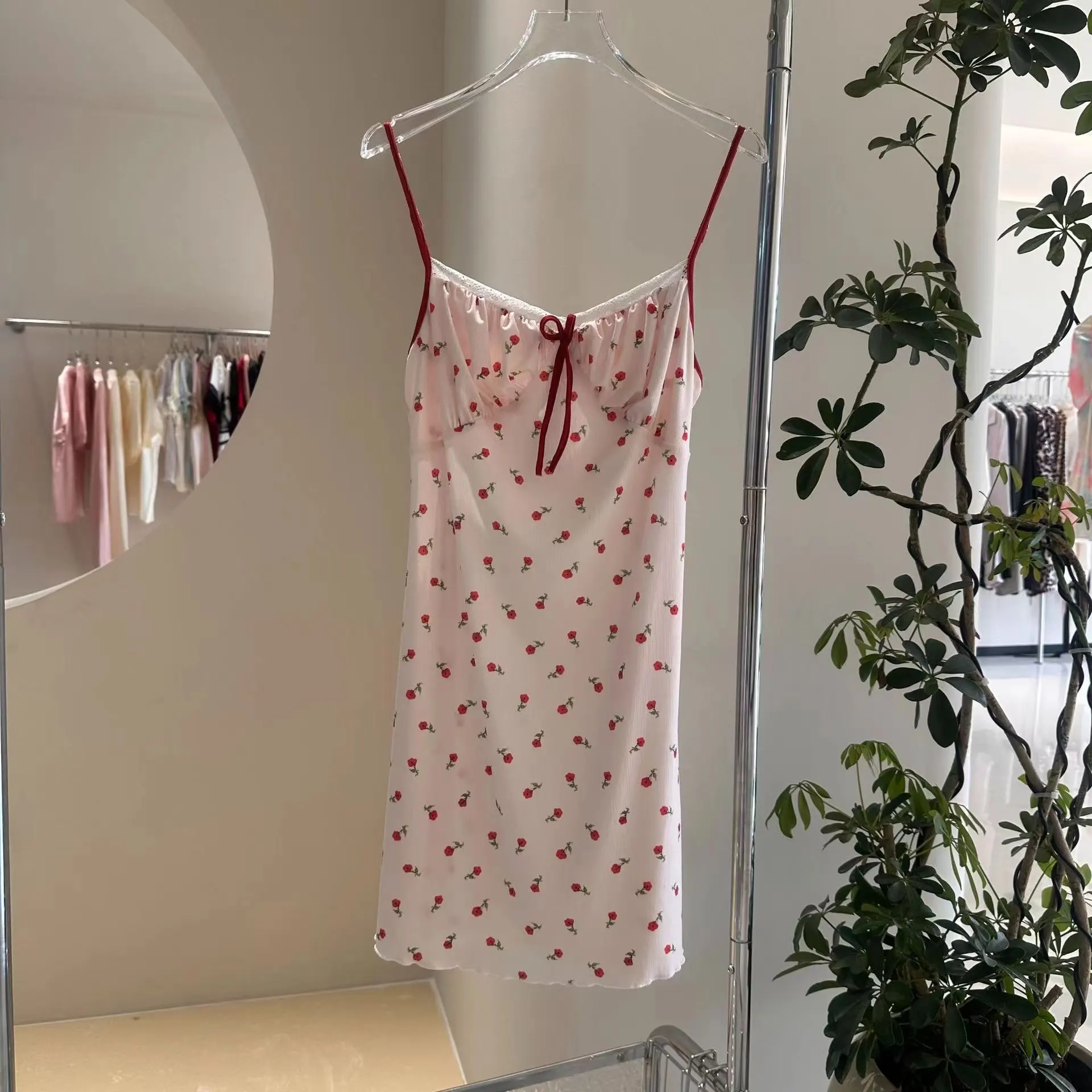 Flower Love Sea Pure Desire Floral Cherry Spaghetti-strap Floral Print Pyjamas - Red Small Flower