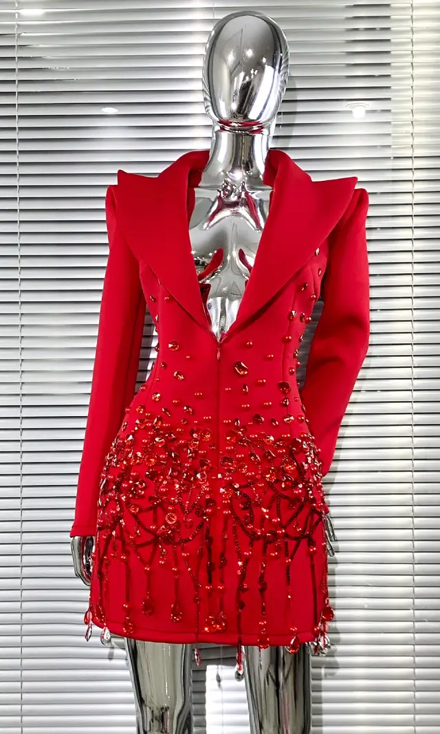 Luxury Rhinestone Sequins Pearl Sexy Low Cut Business Suit And Dress Red - Shop at LoveMi
